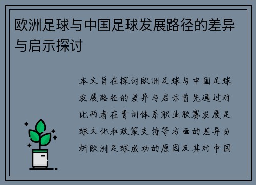 欧洲足球与中国足球发展路径的差异与启示探讨